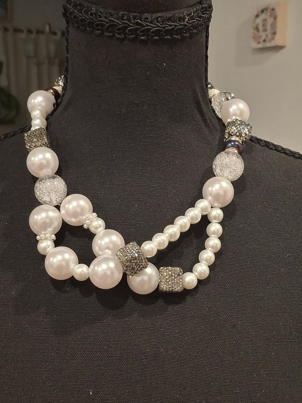 Handmade Elegant White Pearl Multi-Strand Necklace with Crystal Accents